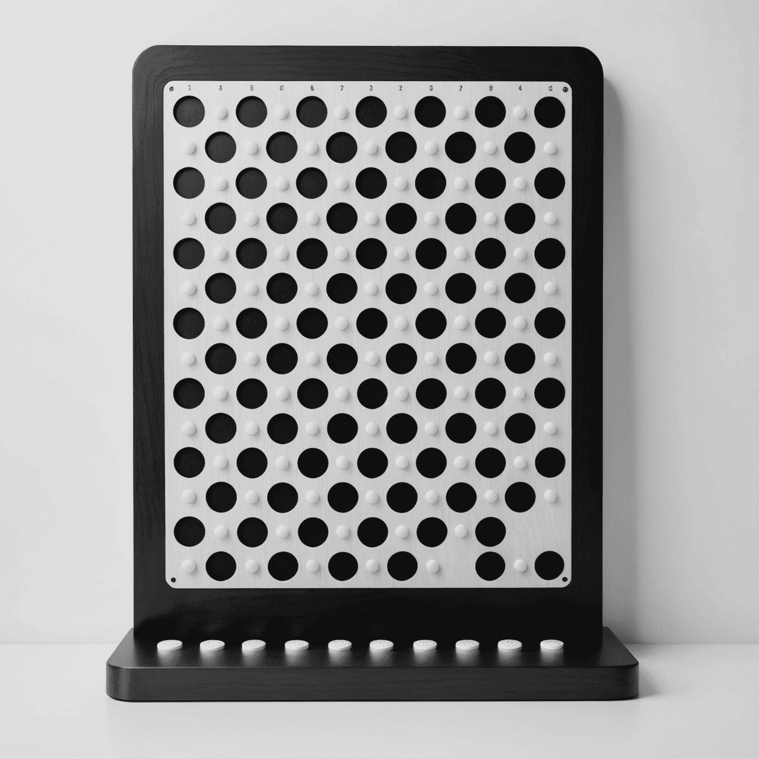 A minimalist black and white image of a Plinko board, showcasing its simple yet engaging design. The board is set against a pure white background, emphasizing the clean lines and geometric patterns of the game.