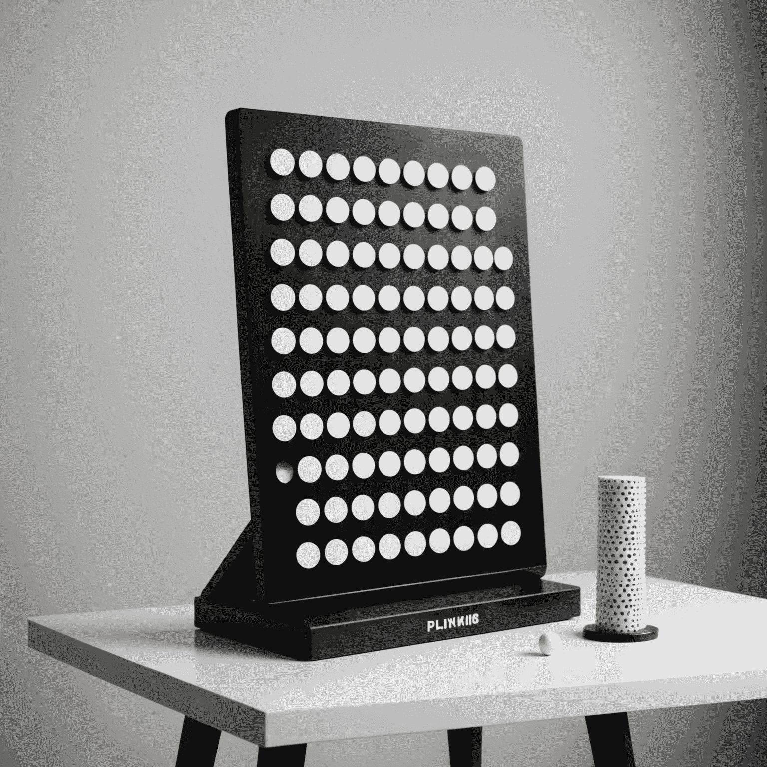 A minimalist black and white image of a Plinko board game set up on a sleek table, showcasing its simple yet engaging design. The image captures the essence of the game's appeal for party settings.