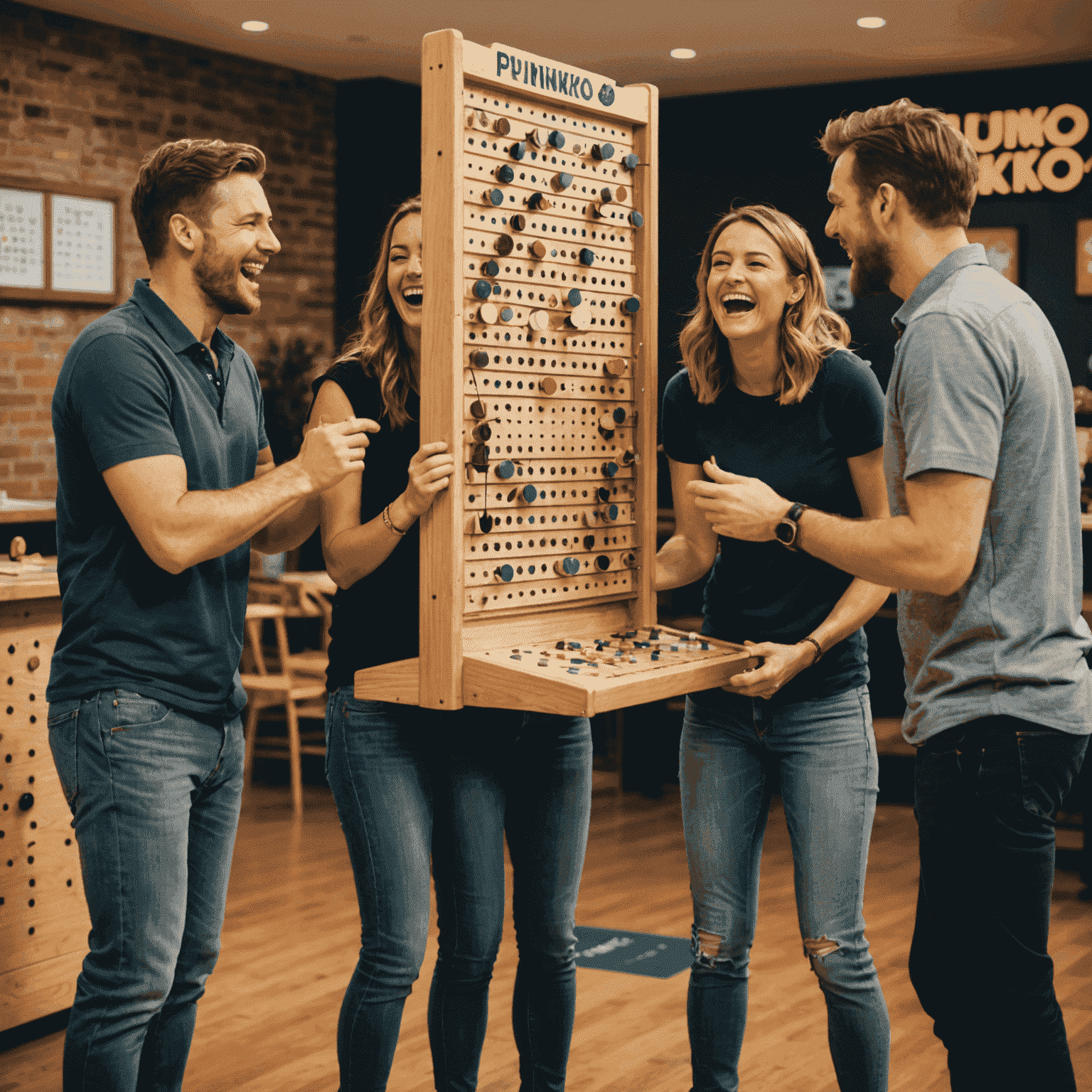 A group of friends laughing and playing Plinko. The game board is visible, showing a vertical board with pegs and slots at the bottom. Players are dropping discs from the top, watching them bounce unpredictably down the board.