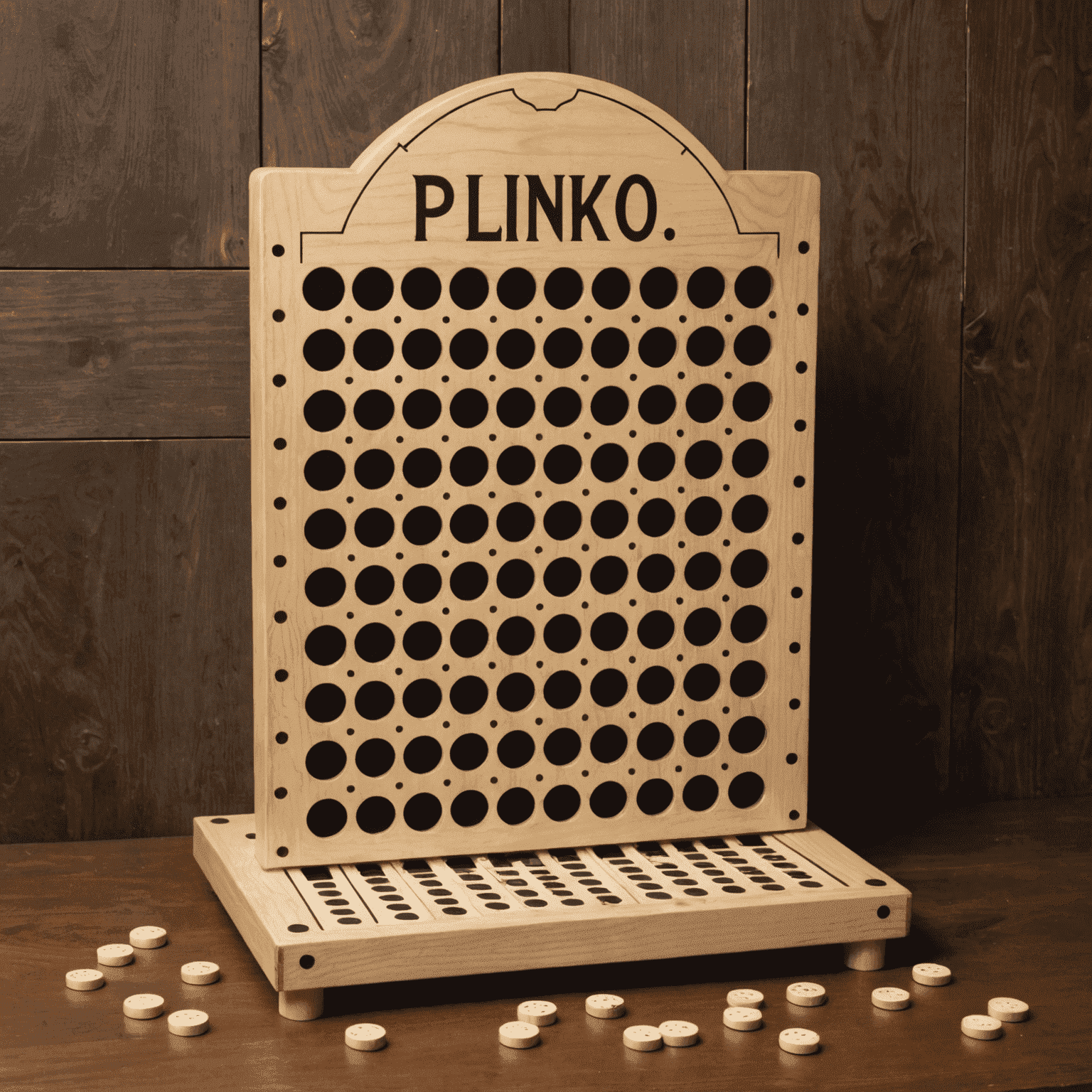 A Plinko game board with pegs and slots, ready for gameplay at a party
