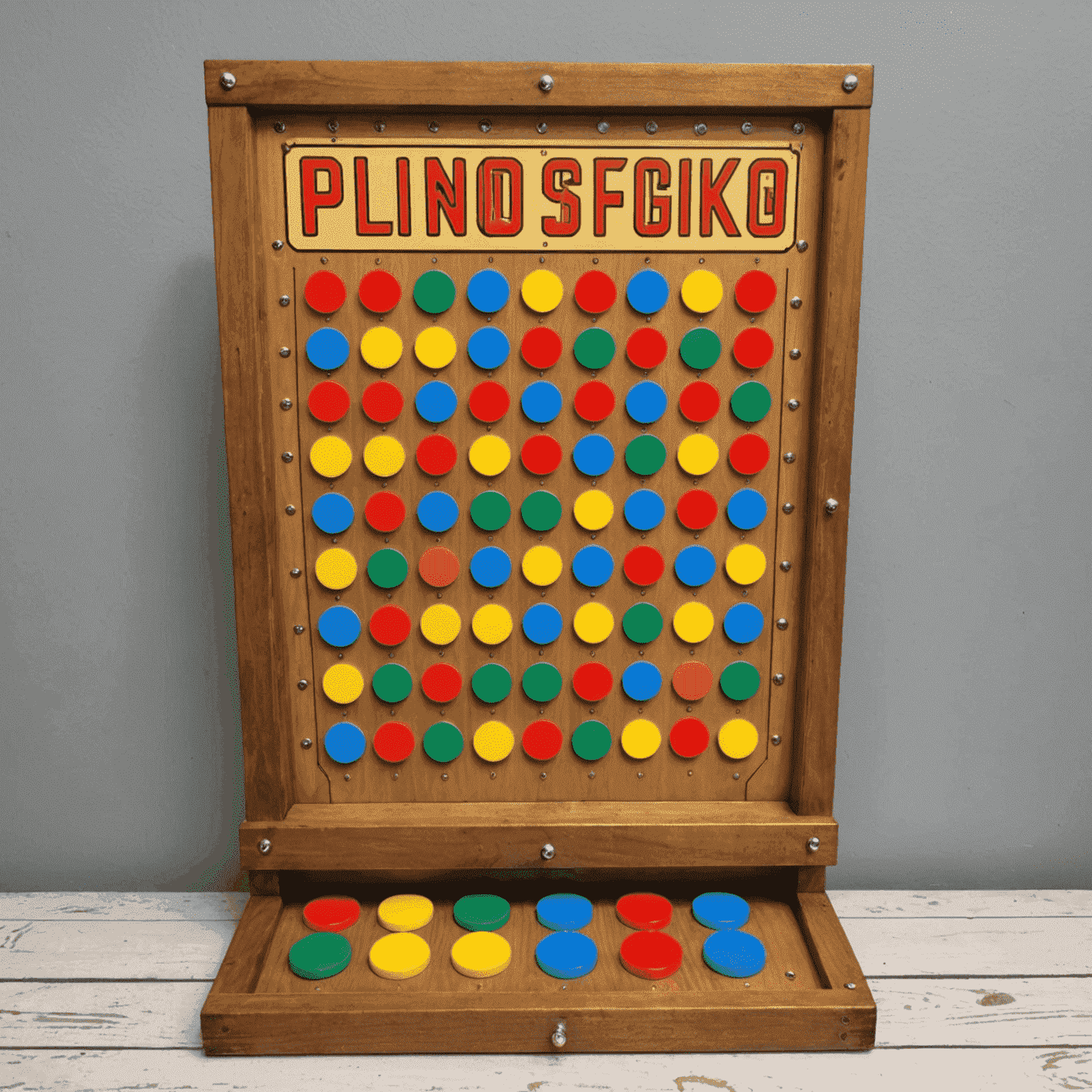 A vintage Plinko board from The Price is Right show, showcasing its iconic pegboard design and colorful discs