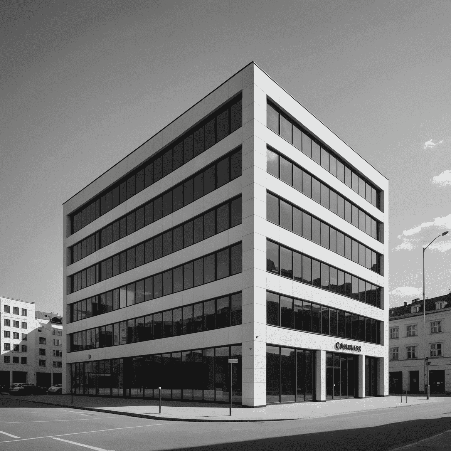 A minimalist, black and white image of our Polish office exterior, featuring clean lines and large windows. The Plinko logo is subtly visible on the building facade.