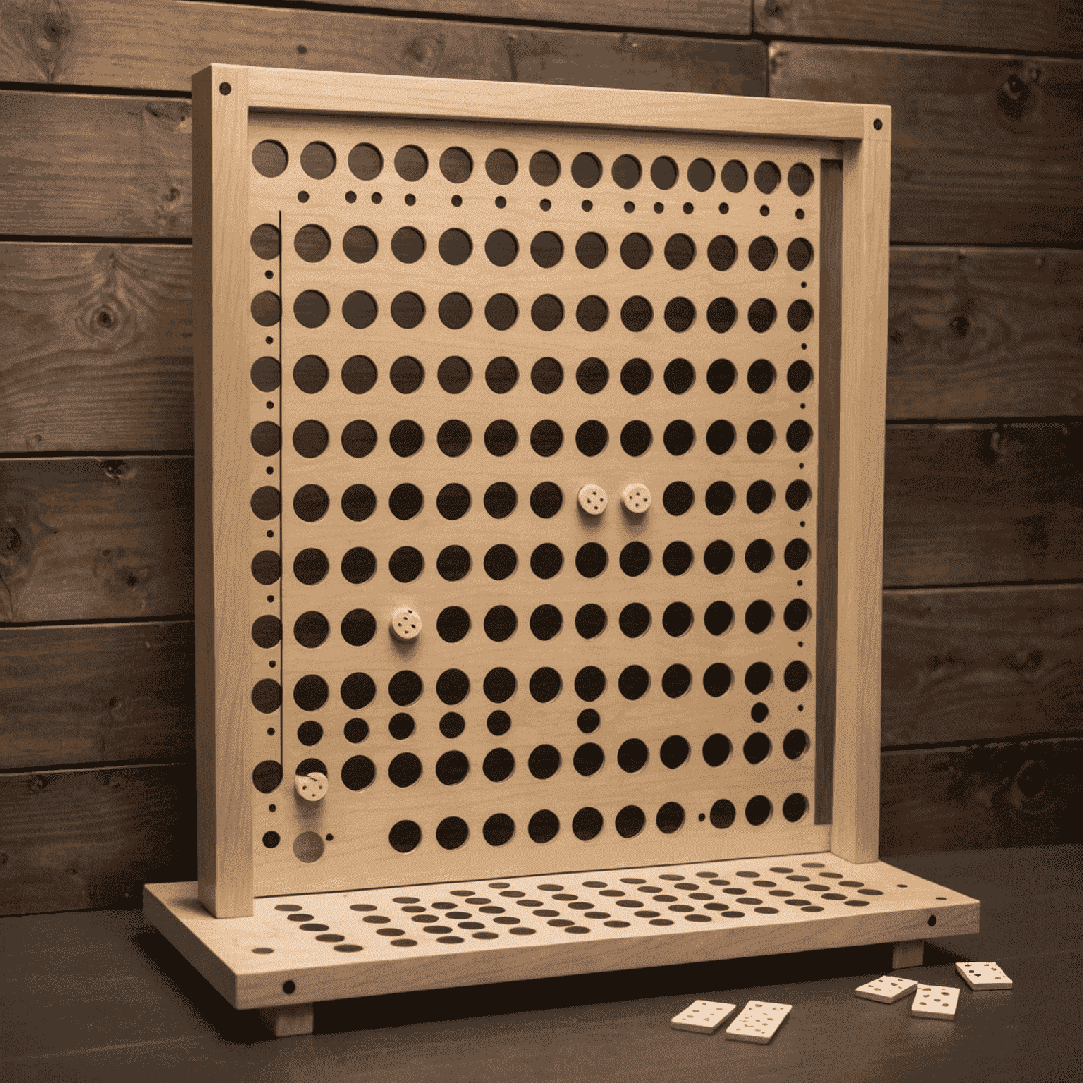 A Plinko game board with pegs and slots, ready for gameplay at a party. The board is sleek and modern, with a minimalist design that fits the overall aesthetic.