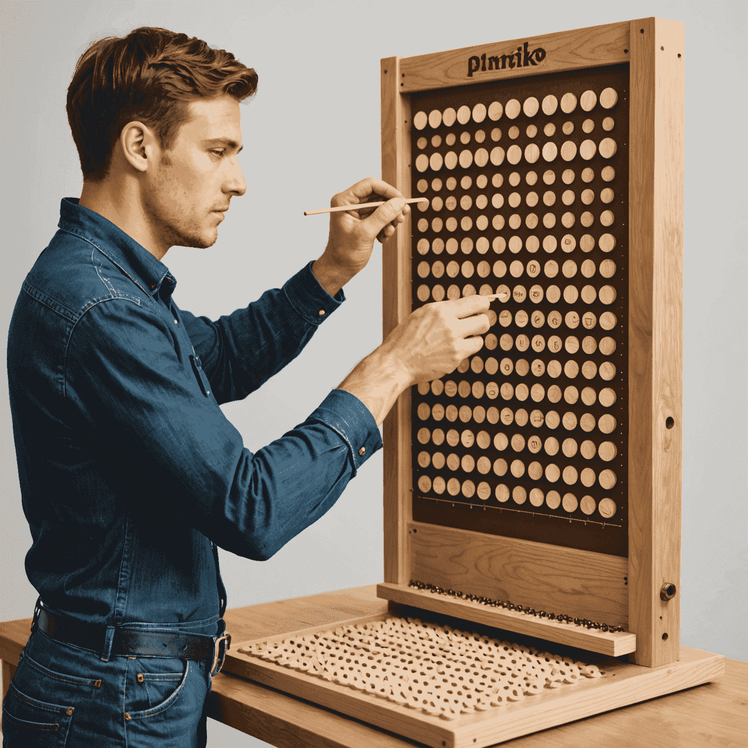 A person inserting wooden pegs into the Plinko board, demonstrating step 4 of the process