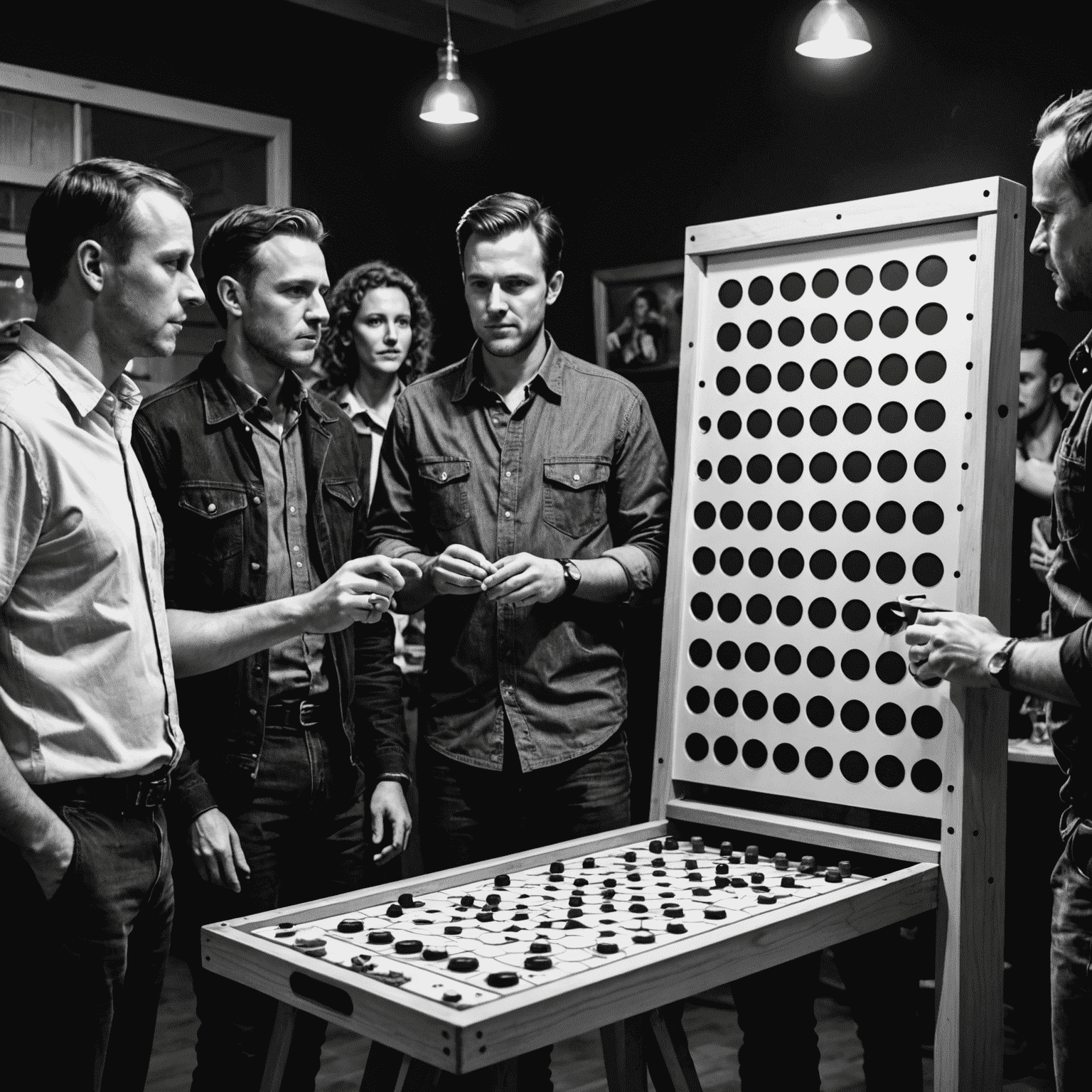 A high-contrast black and white image of people playing Plinko at a Polish house party, showcasing the game's ability to bring people together