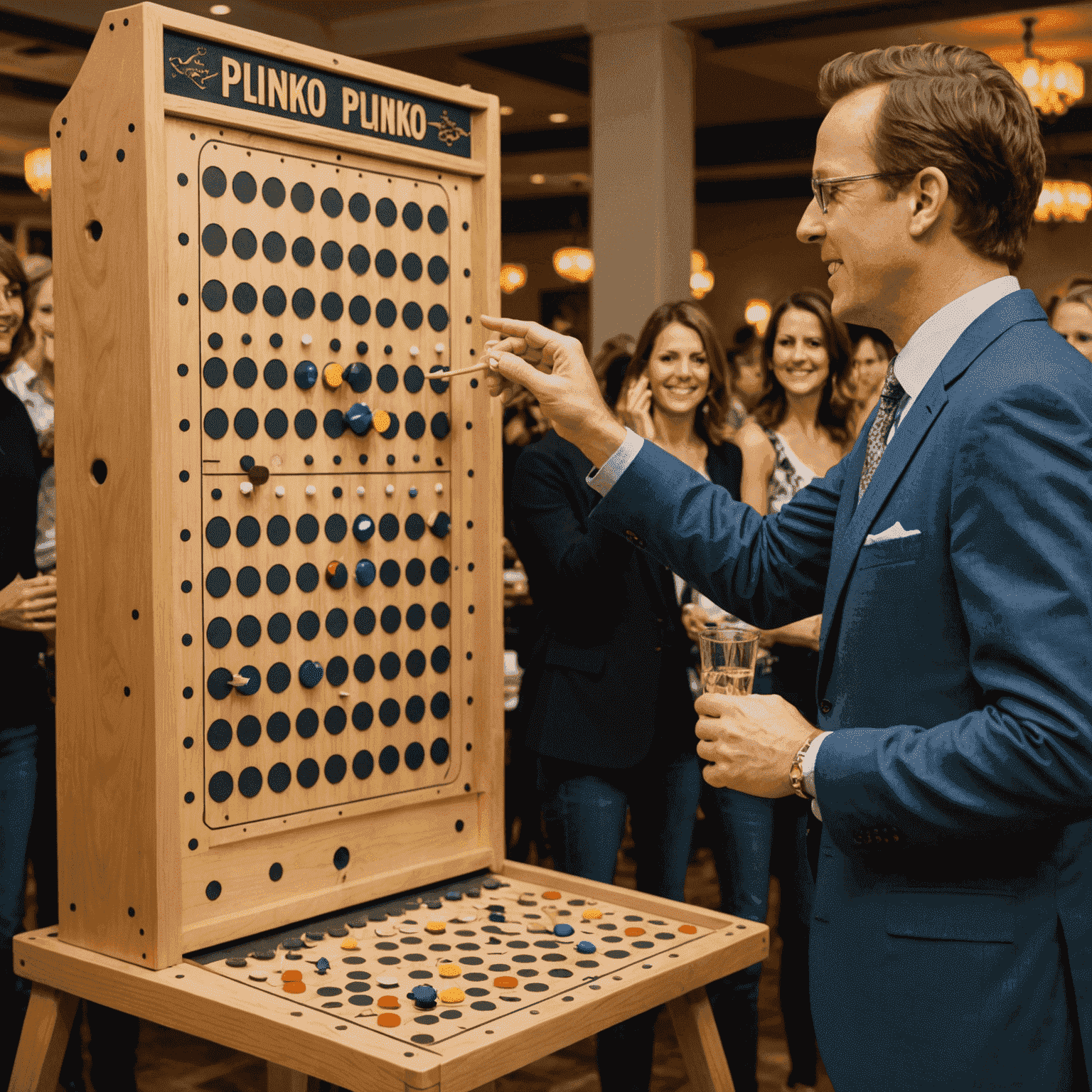 A person demonstrating expert Plinko techniques at a lively party