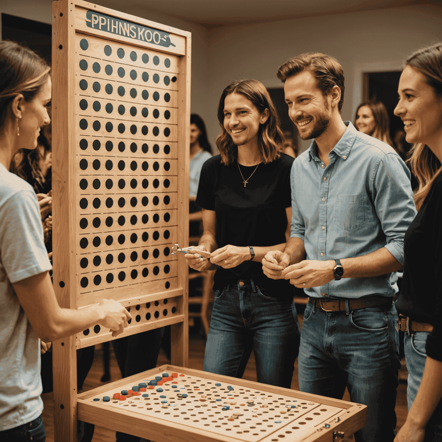 A group of friends playing a homemade Plinko game at a party, with customized prizes and rules