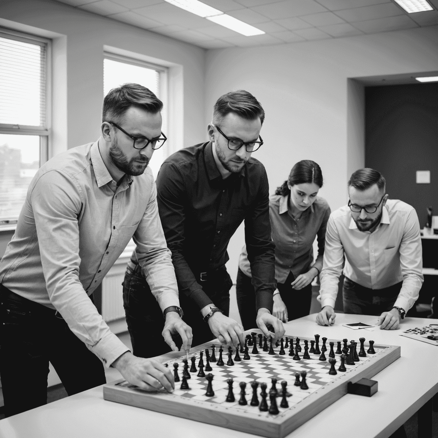 A minimalist, grayscale image of our Polish team members in the office, working on Plinko game designs and strategies